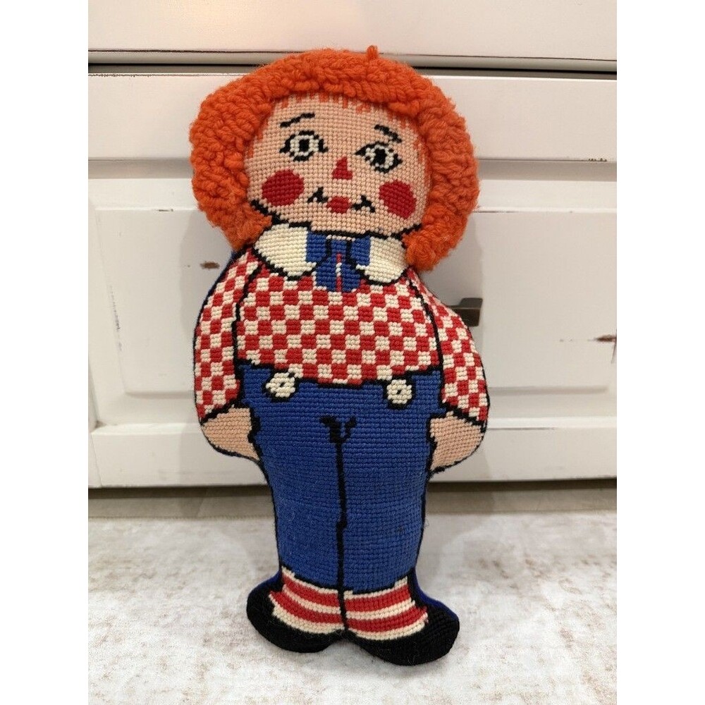 Vintage Handmade Needlepoint Raggedy Andy Pillow Wall Hanging Plush Toy Boho MCM
